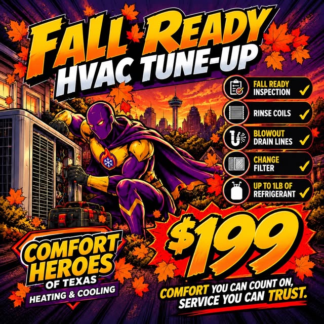 Fall Ready HVAC Tune-Up $199 special: inspection, coil rinse, drain-line blowout, filter change, and up to 1 lb of refrigerant